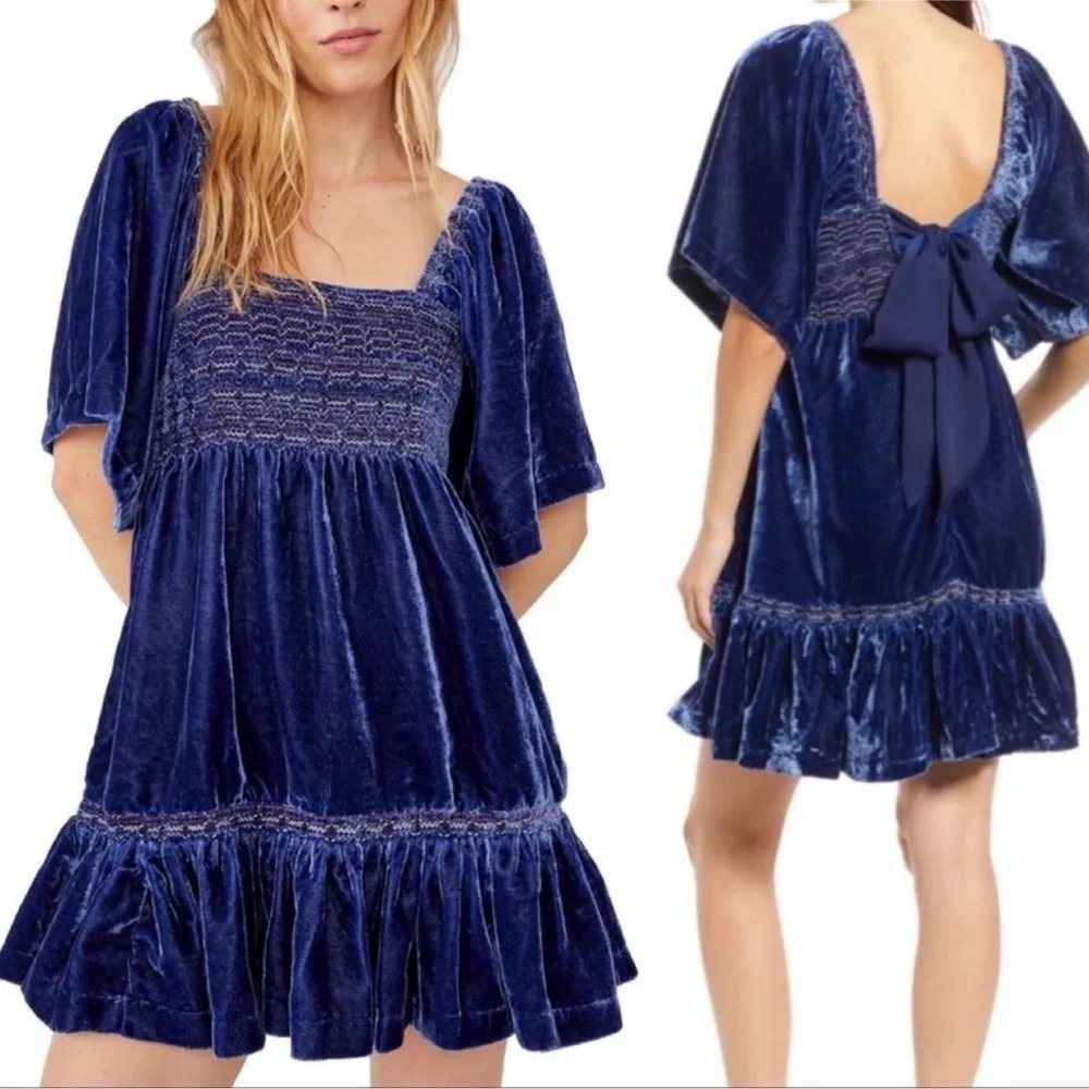 Free People Easy To Love Velvet Smocked Mini Dress Women’s XS In Shaded Lake
